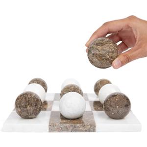 Marble Tic Tac Toe Set | Decorative Round Tic Tac Toe Game Set | Coffee Table Decor - Coffee Table Game - Tabletop Game - Room Decor - Modern Home Decor - Bookshelf Decor (Brown and White Marble)