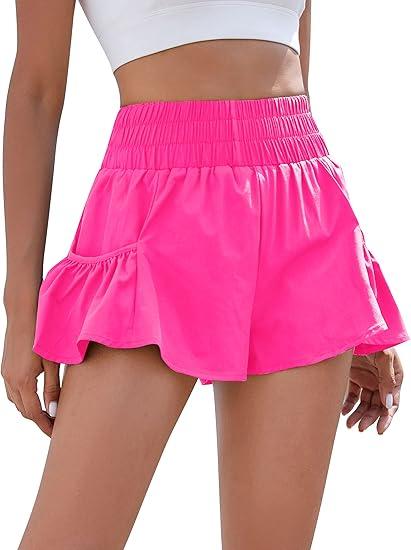 BMJL Womens Athletic Running Shorts Workout Gym Quick Dry Flowy Tennis Shorts with Pockets(M, Rose Red)