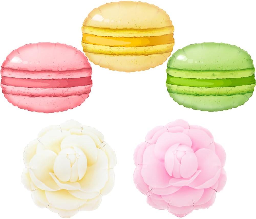 Pastel Macaron Candy Balloons with Pink & Beige Camellia Balloons, Macaron Yellow Pink Green Balloons for Garden Party Decorations, Baby Shower, Bridal Shower, Tea Party, Girls Birthday Decor