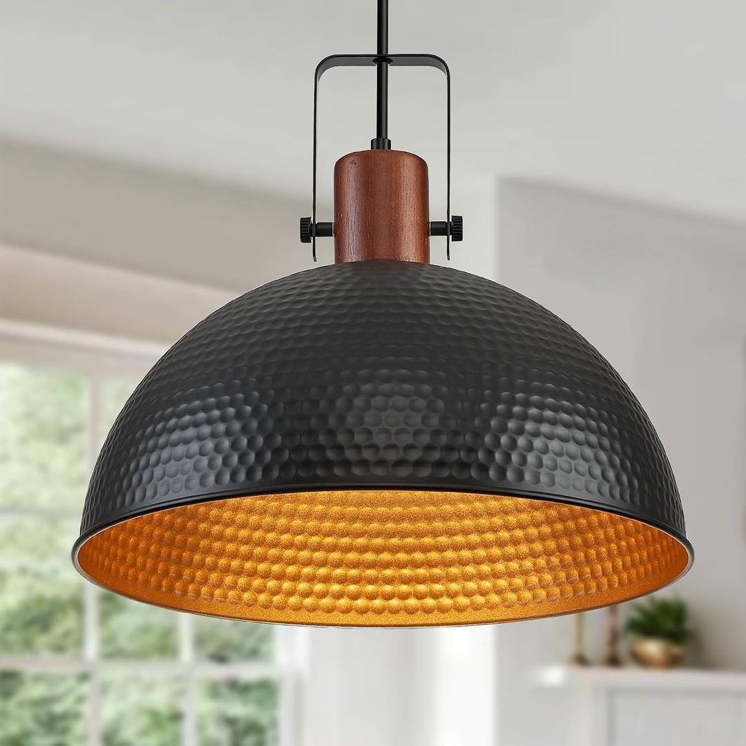 16 Inch Black Pendant Lights Hammered Matte Pendant Lights for Kitchen Island Industrial Farmhouse Adjustable Height Dome Hanging Light Fixtures for Barn, Dining Room 1 Pack