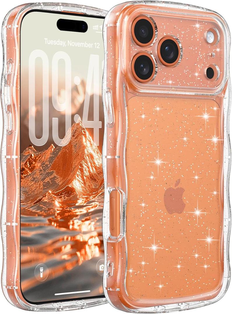 FABSPARK Phone Case for iPhone 17 Pro Max,Cute Clear Curly Wavy Frame Wave Case with Sparkly Bling Glitter,Non-Yellowing Transparent Acrylic Hard PC Cover for iPhone 17 Pro Max,Glitter Clear