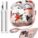 with Safety Lock for AirPods 4 Case,Clear Floral Cute AirPod 4th Generation Case for Women Girly with Cleaner Kit and Keychain - White Peony