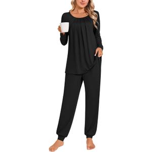 Anymeet Womens Pajama Sets Fall Winter Long Sleeve 2 Piece Sleepwear Soft Lounge Outfits with Pockets (Large, Black)