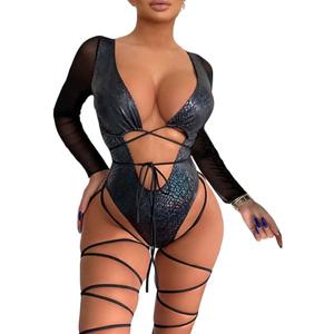 Women's Rave Wear One Piece Bodysuit Snakeskin Print Sexy Leg Rings Swimsuit for Festival Dance Rave Clothing (Small, Shiny Mesh Sleeves Black)