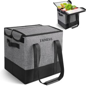 Reusable Insulated Grocery Bags Collapsible Grocery Tote Bags for Shopping Wear Resistant Heavy Duty Foldable Cooler Grocery Bags for Frozen and Hot Food Camping Bags (Grey-1 Pack)
