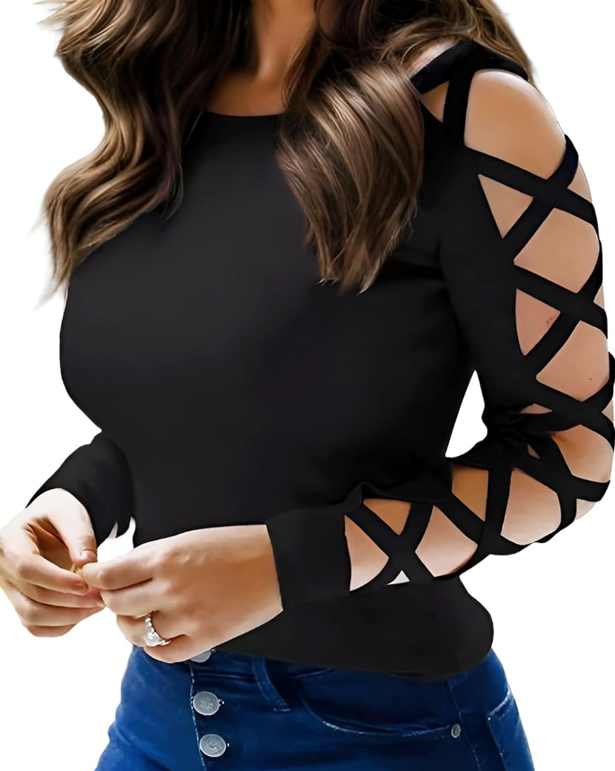 Women Sexy Tops Cold Shoulder Criss-Cross Long Sleeve Shirt Dressy Casual Hollow Cut Out Night Club Party Blouse M