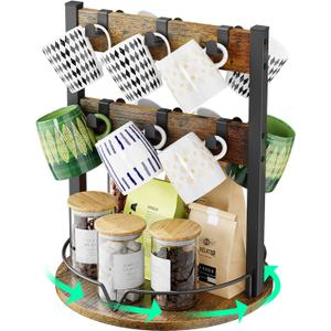 KLM Wood Coffee Mug Holder,12 Hook Mug Tree Holder Rack with Storage Base,Mug Display Organizer,Mug Holders for Home Kitchen,Support 360 rotation for easy access