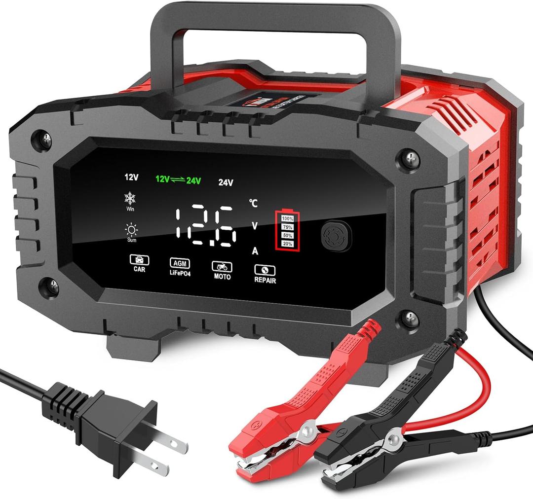 YONHAN Battery Charger 20A  12V 24V LiFePO4 Lead Acid Portable Car Battery Charger 8-Stage Trickle Charger Smart Battery Maintainer w/Temp Compensation for Car Truck Motorcycle Lawn Mower