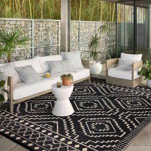 Wonnitar 8x10 Outdoor Rug, Large Waterproof Reversible Plastic Straw Rug for Patios, Indoor/Outdoor Area Rug Lightweight Camping Rug for Outside RV Balcony Garden Deck (Black & Beige,8'x10')