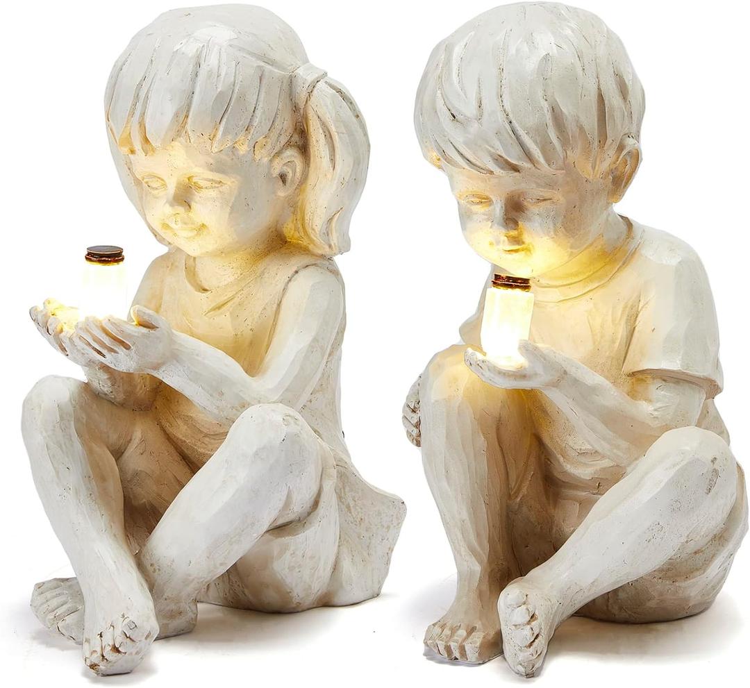 Large Garden Children Statues Light Up Firefly Jar Solar Powered | Set of 2 Figurines | Girl & Boy Garden Yard Art Dcor, Indoor & Outdoor Ornament Gifts for Lawn, Patio , 7.5" W x11. 8H Cream Gift