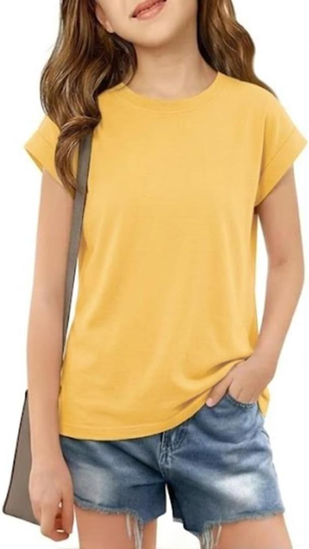 Girls Cap Sleeve T Shirts Kids Summer Crewneck Solid Tops Tees 5-14 Years (Yellow)