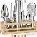 BARE BARREL Mixology Bartender Kit Bar Set | 16-Piece Cocktail Shaker Set | Martini Barware Mixing Tools for Home Bartending | Incl. 35 Recipe Cards | Gift Set (28oz Boston Shaker, Silver/Natural)