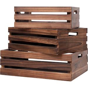 Large Size Wood Crates For Storage,Decorative Vintage Brown Wooden Crates For Display,Handmade Solid Wood Boxes,Set Of 3 Rustic Black Wooden Crate. (vintage brown)