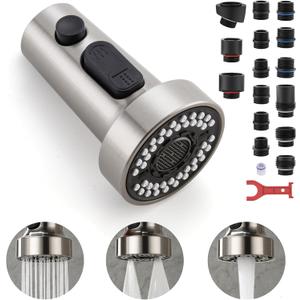 Pull Down Spray Head Replacement - for Kitchen Faucet Sprayer Head with 15 Adapters, 3 Function Pull Out Faucet Spray Nozzle, Brushed Nickel