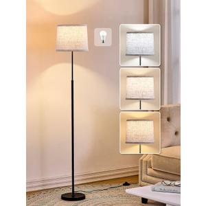 60" Modern Floor Lamp for Living Room Bedroom, Standing Lamp with Oatmeal Linen Lampshade, Tall Lamp with A19 9W 3 Color Temperature Bulb, Foot Switch Control, Black