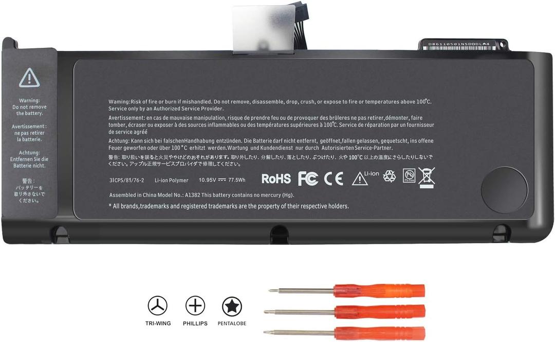 A1382 Laptop Battery for MacBook Pro 15 inch (only for Early/Late 2011, Mid 2012) A1286 MC721LL/A MC723LL/A 661-5844 020-7134-A[10.95V 77.5WH]