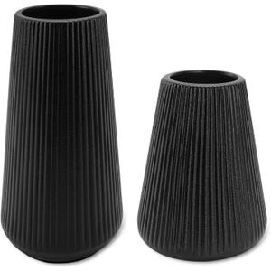 Black Ceramic Vase, GUKJOB Small Cute Flower Vase for Pampas Grass, Home, Living Room, Dining Table, Farmhouse, Office Decor, Bedroom, Table, and Kitchen Shelf (Black - 2Pcs)