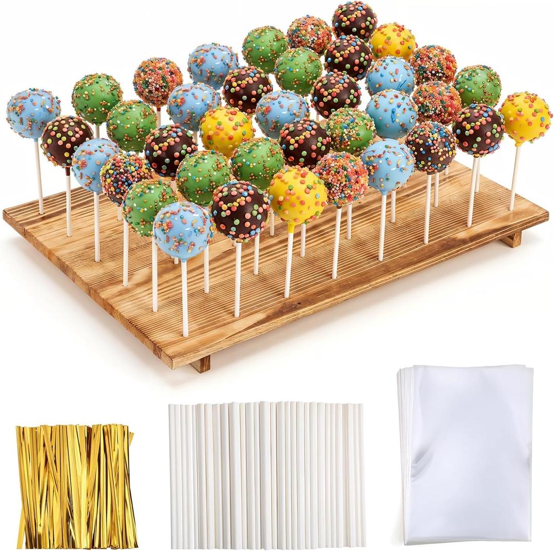 48 Holes Wood Cake Pop Stand, 16.5 x 12 x 1 Inch Wooden Cake Pop Display Board with 100 Sticks, 100 Treat Bags & 100 Twist Ties, Lollipop Hold Stand for Party Home Shop