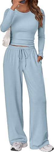Trendy Queen Women's 2 Piece Matching Lounge Set Long Sleeve Side Ruching Top Wide Leg Drawstring Pants Set with Pockets (Oatmeal Grey), Small