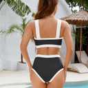 Women High Waisted Bikini Set- Color Block Two Piece Swimsuit Tummy Cotrol Bathing Suit Bandeau Top Coverage Bottom (Black, L)