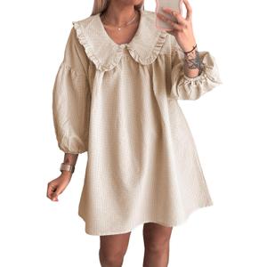 2026 Women's Baby doll 3/4 Puff Sleeve Plaid Mini Dress Lapel Doll Collar Loose Y2k Dress (Khaki, XS)