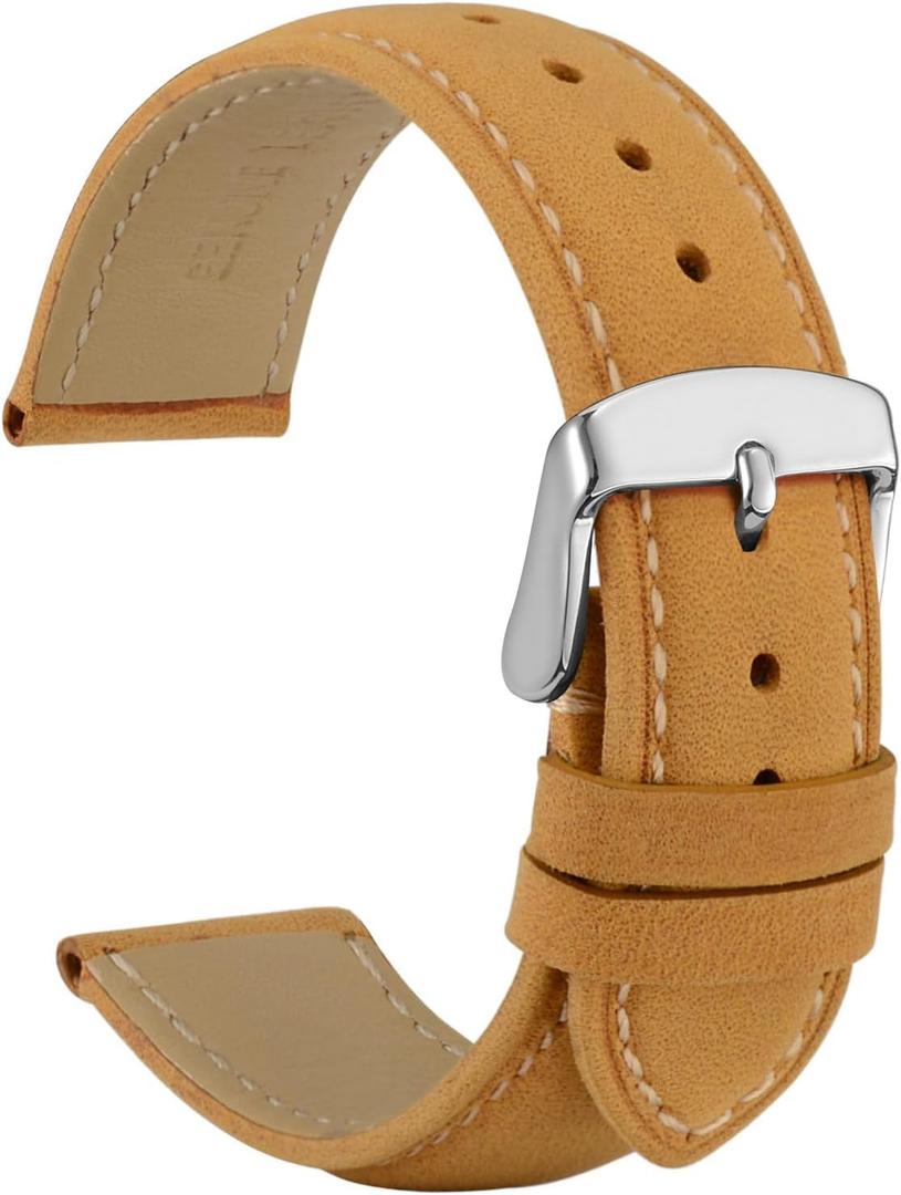 WOCCI 20mm Vintage Leather Watch Band for Men and Women, Silver Buckle (Tan)