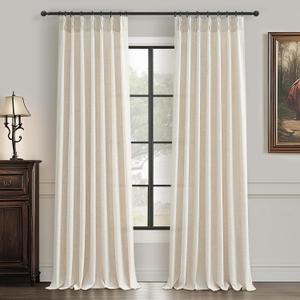 Semi Sheer Curtains 90 Inches Long for Bedroom Light Filtering Beige Birch Textured Linen Blend Pleat Curtains 7-1/2 ft Length Hooks Rings&Back Tab for Sliding Glass Doors 2 Panels Set (40"W x 90"L