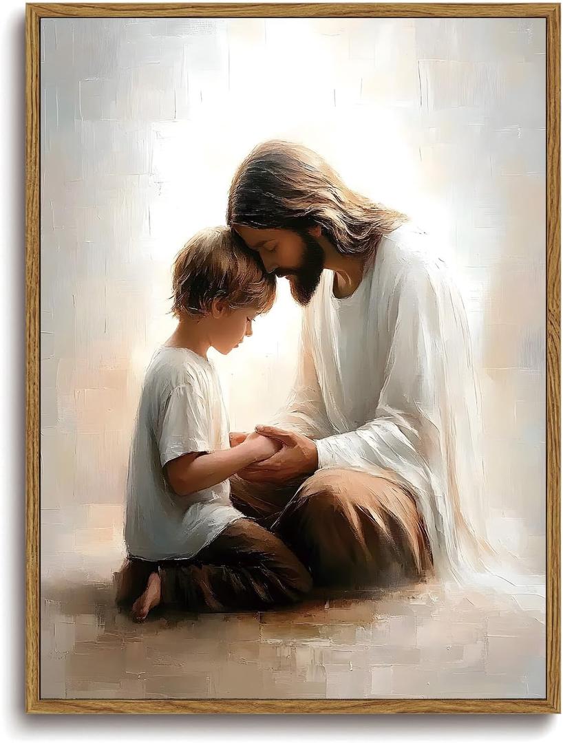 KISSFOX Jesus Canvas Wall Art Jesus and Little Boy Framed Wall Art Christian Religious Serenity Prayer Art Prints Artwork For Prayer Living Room Bedroom Kitchen Boy Room, 16x24 inch, 16"x24" Natural