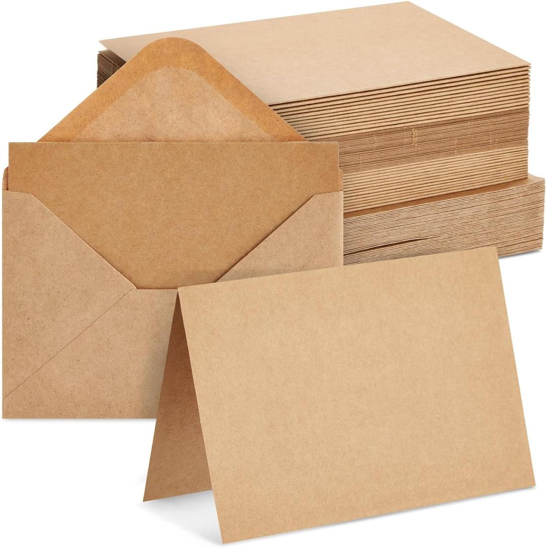 48 Pack Kraft Brown Blank Greeting Cards with Envelopes, Folded Cardstock for DIY Wedding, Birthday Invitations, Crafts (4x6 in)