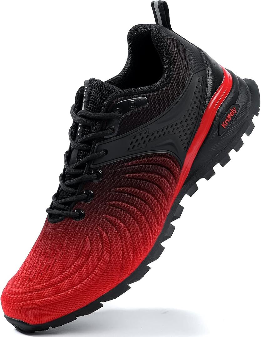 Kricely Men's Walking Shoes Breathable Lightweight Fashion Sneakers Non Slip Sport Gym Jogging Trail Running Shoes (11 Wide, Black Red-4)