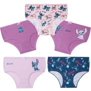 Disney Stitch Girls Panties, Comfy Breathable Cotton Underwear for Kids and Teenagers, Pack of 5 - Stitch Gifts (7-8 Years, Purple/Blue)