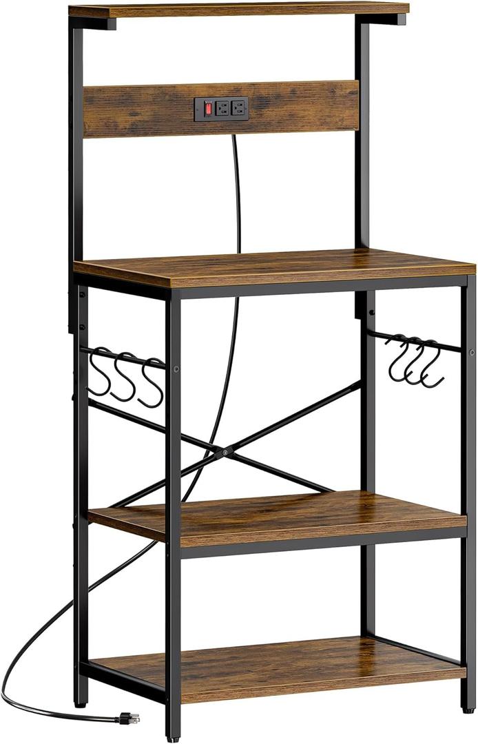 SUPERJARE Kitchen Bakers Rack with Power Outlet, Coffee Bar Table 4 Tiers, Kitchen Microwave Stand with 6 S-shaped Hooks, Storage Shelf Rack for Spices, Pots and Pans - Rustic Brown (23.6 inch)