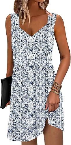SAUKOLE Summer Dresses for Women Casual Loose Sleeveless Tank Dress Fashion V Neck Flowy Mini Short Sundress (XX-Large, 99#bohowhite)