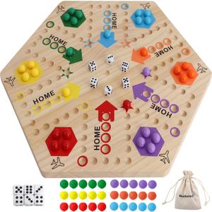 Large Size Original Marble Game Solid Wood 20 inch Wahoo Board Game Double Sided Painted Wooden Fast Track for 6 and 4 Players 6 Colors 24 Marbles 6 Dice for Family Friend (Log)