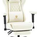 Gaming Chair,Computer Office Chair with Footrest,Massage Lumbar Support and Gel Pad,Ergonomic Reclining Leather Gamer Chair with Headrest,Adjustable Armrests and Spring Cushion Ivory