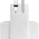 50-Pack White Cloth-Like Disposable Napkins - Linen Feel Dinner Napkins with Flatware Pocket for Weddings, Parties & Holidays