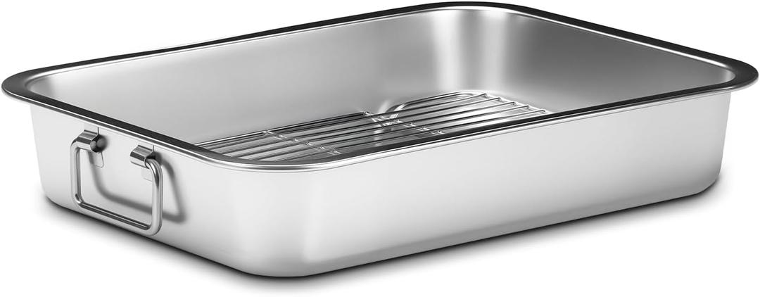 Stainless Steel Turkey Roasting Pan with Rack & Handles, Heavy Duty Food-Safe Turkey Pan Dishwasher Safe, Perfect for Cooking Turkey and Steak for Thanksgiving and Christmas (Standard)