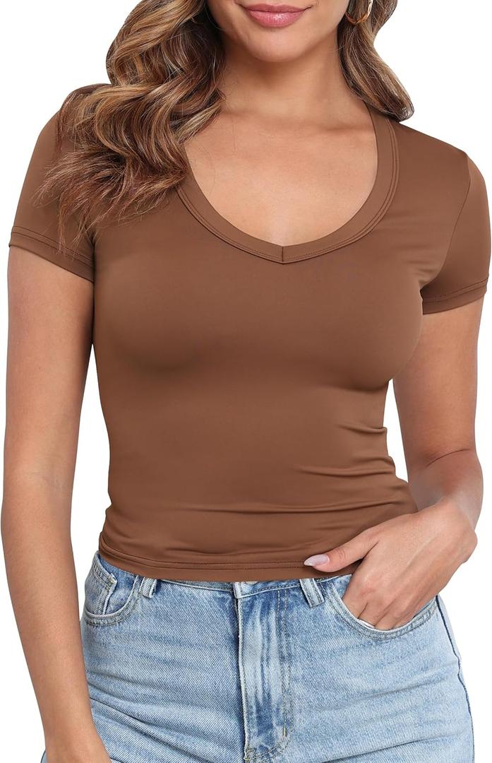 PALINDA V Neck Slim Fitted Shirts for Women Basic Casual Short Sleeve T Shirts Going Out Tops Sexy Y2K Tees (White, XL)