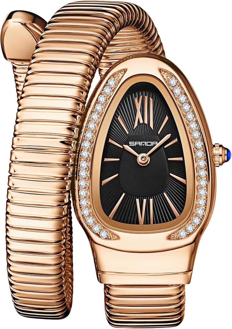 Gosasa Snake Bracelet Watch for Women, Elegant Bangle Wrist Watch with Flexible Wrap Strap Design, Fashion Jewelry Style Quartz Watch, Adjustable Cuff Watch for Dress & Gift (Rose Black)