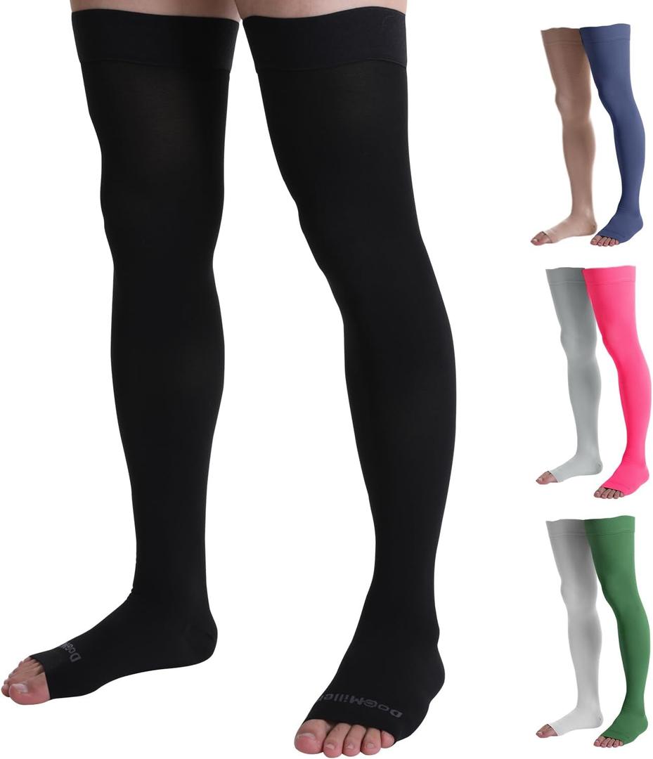 Doc Miller Thigh High Compression Socks - Open Toe, 20-30mmHg for Varicose Veins, Calf, Leg & Ankle Support, Pregnancy & Maternity Stockings, (Large (1 Pair), Black)