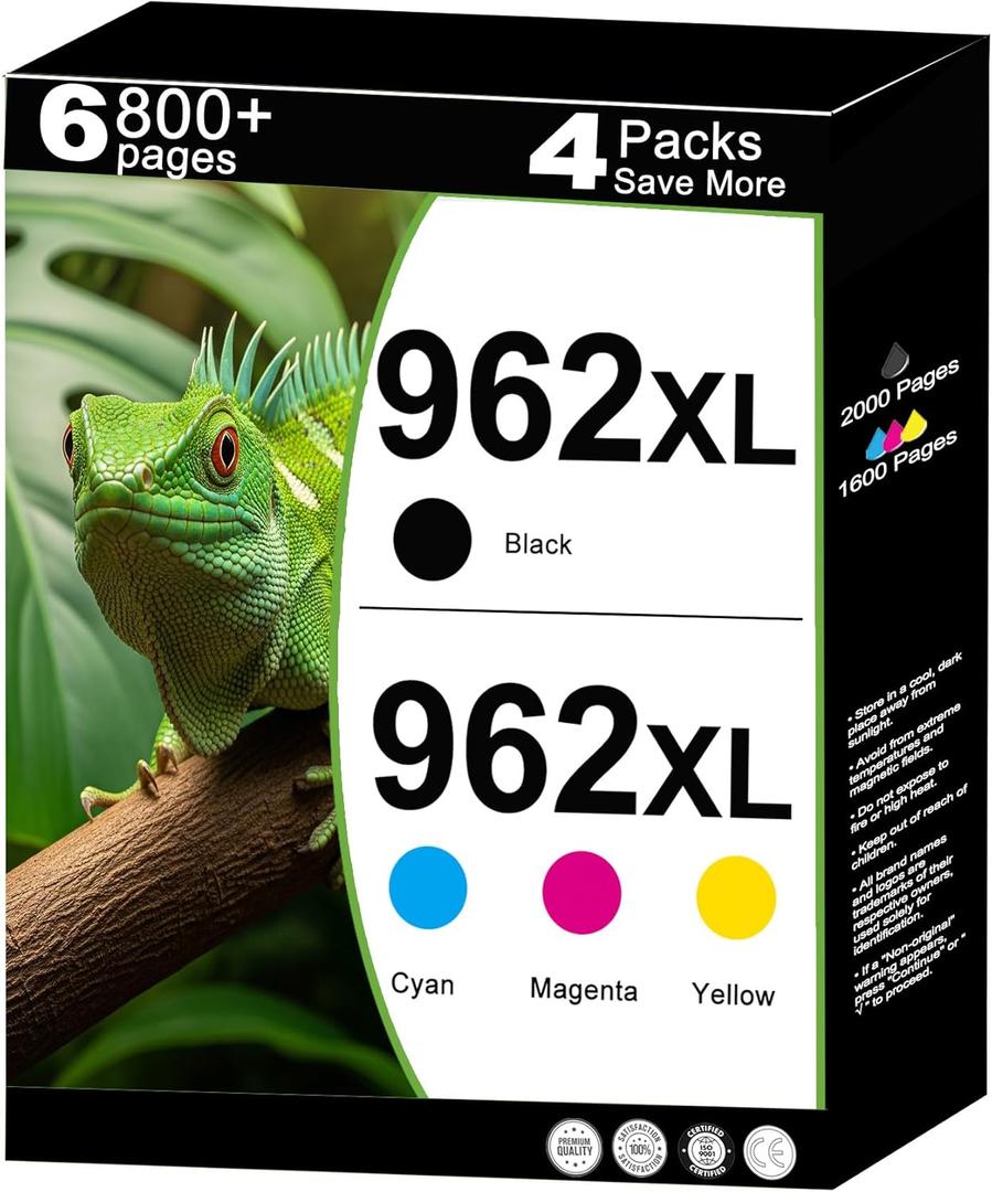 962XL Ink Cartridges Combo Pack Replacement for HP 962 XL 4 Pack (HP962XL HP962) to use with 9015e 9010 9015 9025e 9020 9018e 9018 9025 9012e 9010e 9012 9020e 9019 Printers (Cyan Magenta Yellow Black)