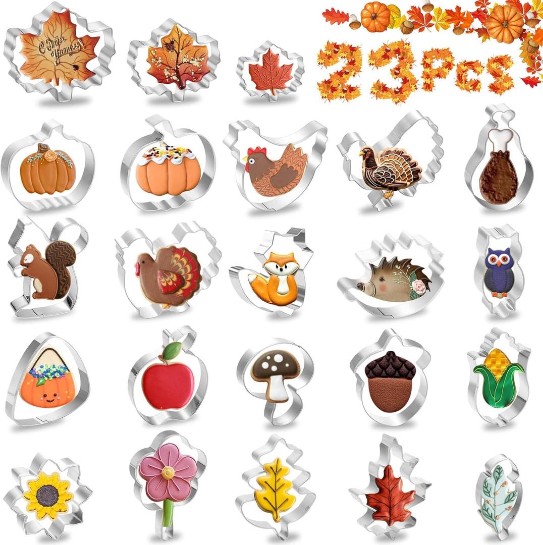 Lezmarket 23Pcs Fall Thanksgiving Cookie Cutters Set, Holiday Cookie Cutters Stainless Steel Baking Supplies for Thanksgiving Cookie Sandwich - Pumpkin Maple Leaf Flower Squirrel Turkey Corn Rooster