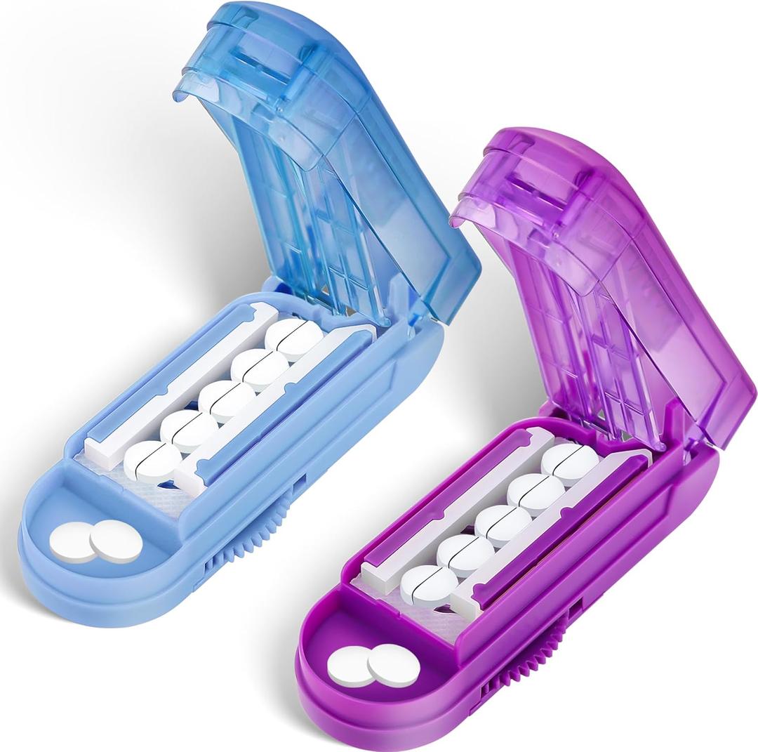 DUBSTAR 2PCS Pill Cutter Splitter for Small and Tiny Pills, Multiple Pill Cutters for Small or Large Pills, Adjustable Pill Splitter with Centering Device and Blade Guard (Purple+Blue)