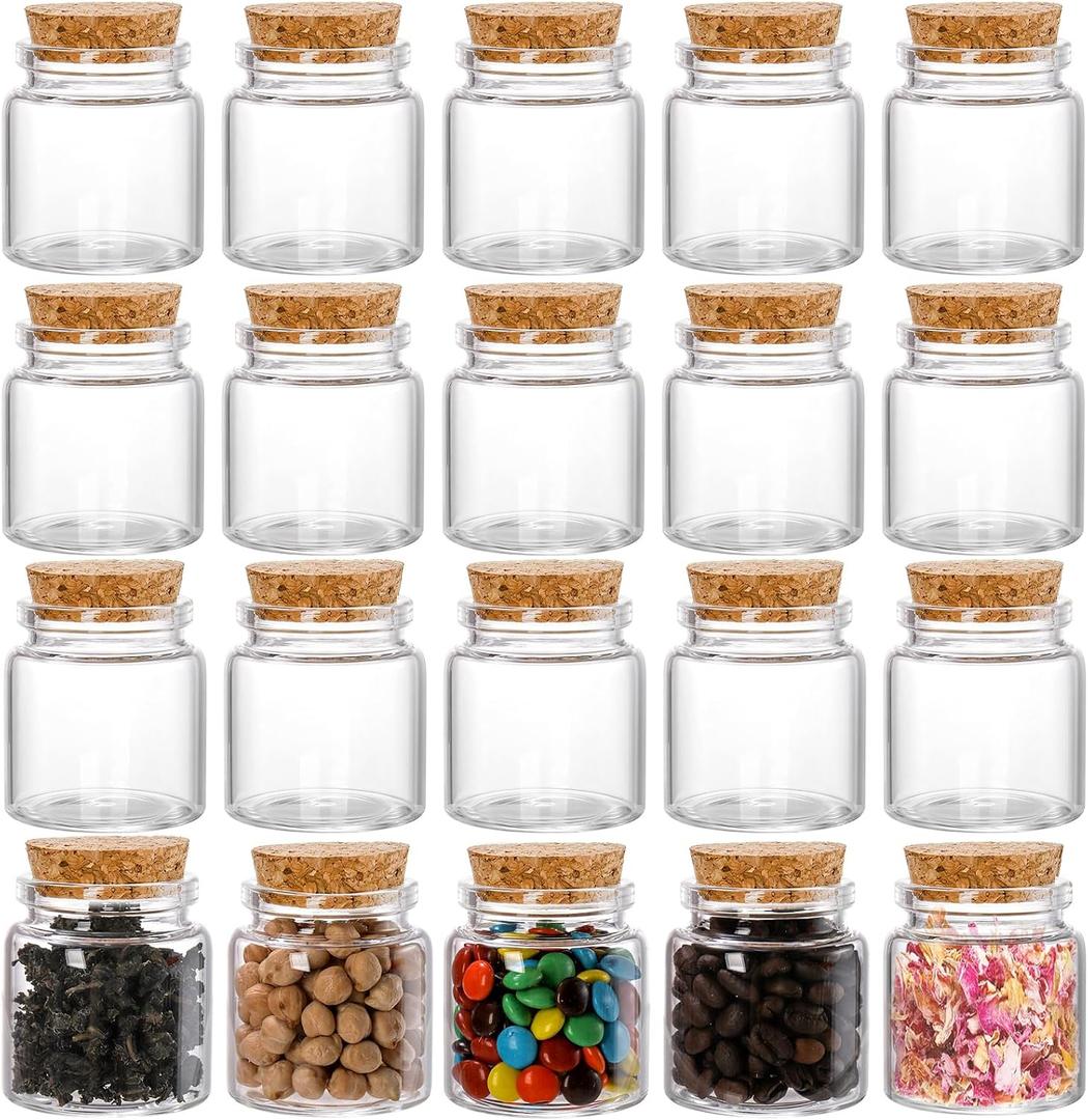 Dicunoy 20 PCS Glass Favor Jars with Cork Lids, 2 OZ Mini Round Vials Bottles, Small Cute Spice Containers for Tea, Jelly, Candy, Dried Flowers, Wedding Party Favors, DIY Crafts