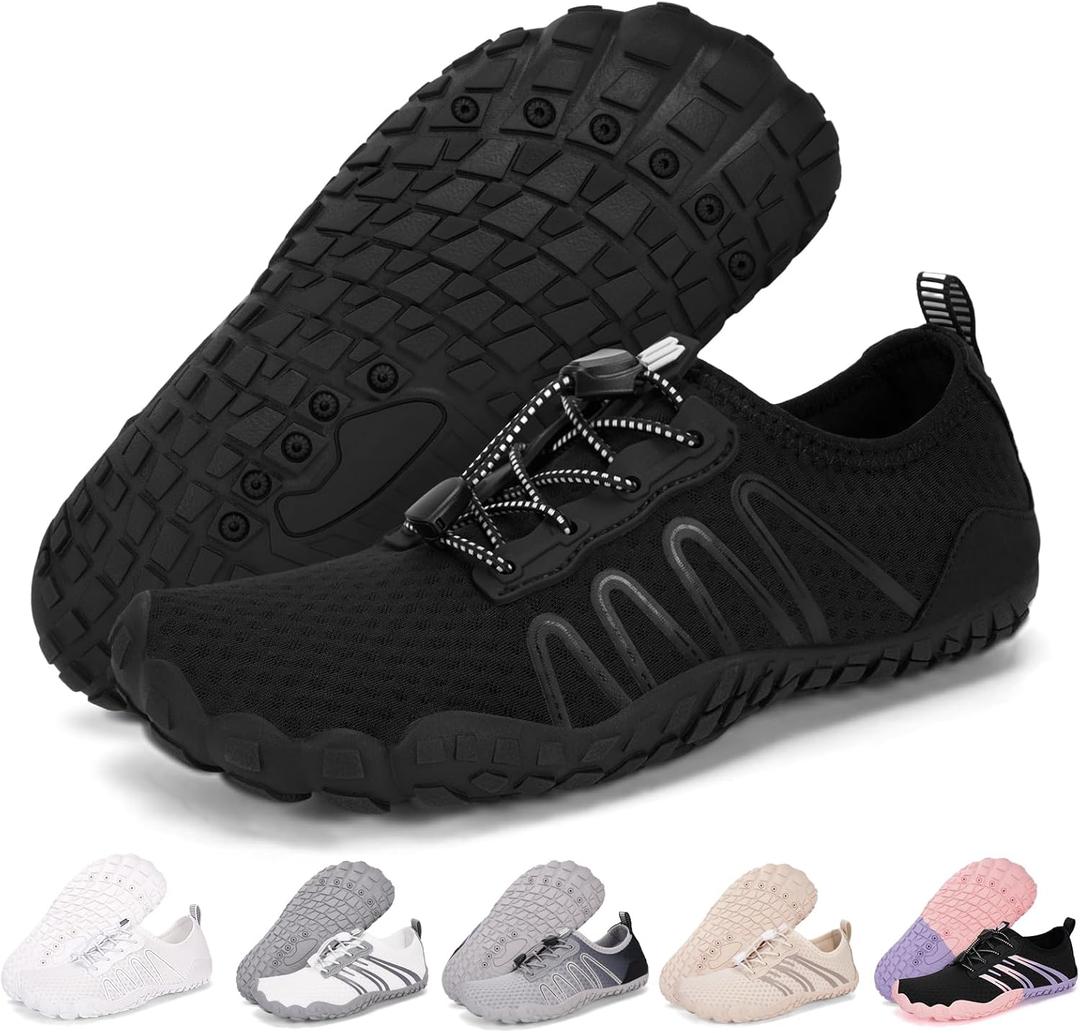 Hike Barefoot Water Shoes for Women Men Footwear, Quick Dry Wide Toe Box Pro Beach Swim Athletic Sports Shoes, Non-Slip Lightweight Aqua Shoe for Pool Hiking Walking Kayaking Diving Surfing (New-black)