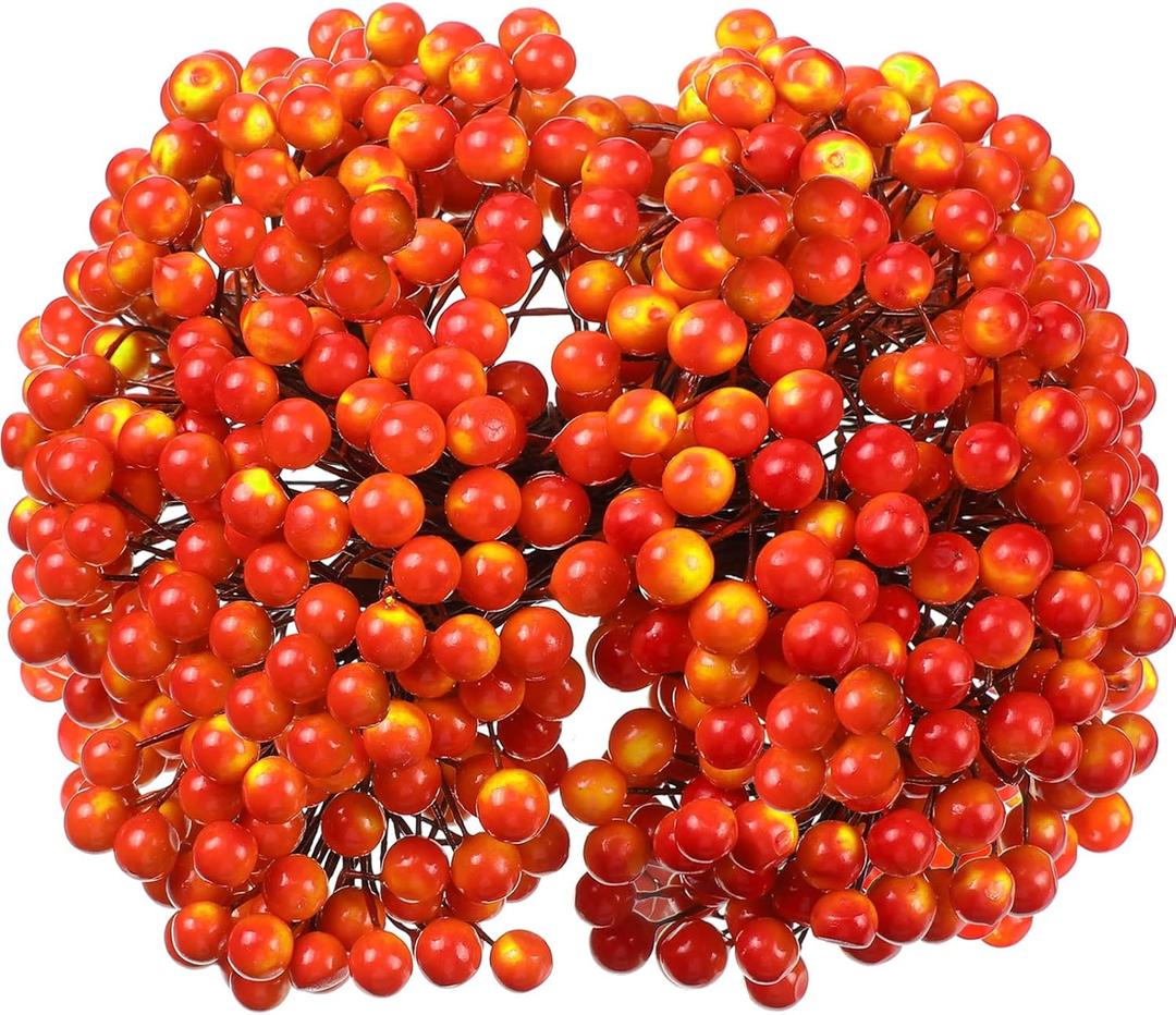 BBTO Artificial Holly Berries on Wire Stems, 250 Stems with 500 Pieces 8 mm Fake Berries for Christmas Tree Decorations Wreath Craft Use Wedding Party Favor (Yellow, Red)