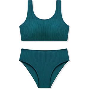 URMAGIC Girls Two Piece Swimsuits Ribbed Bikini Sets Swimming Bathing Suit Beach Sport Athletic Teen Girls Swimwear (13-14 Years, Dark Green)