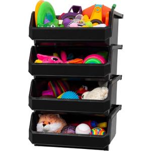 Plastic Containers for Organizing and Storage Bins for Closet, Kitchen, Office, Garage or Pantry Organization, Stackable Bins, Extra Large (14.8" x 16.5" x 7"), 4-Pack, Black