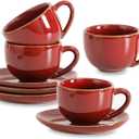 vicrays 6.5 oz Cappuccino Cups with Saucers, Set of 4, Ceramic Coffee Cup for Au Lait, Double shot, Latte, Cafe Mocha, Tea (Cherry Red)