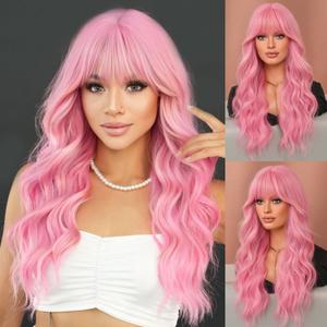 7JHH WIGS Long Wavy Pink Wig 24in Natural Heat Resistant Fiber Synthetic Curly Light Pink Wigs with Bangs for Women Girls Daily Party Holiday Festival Chrismas Travel Used